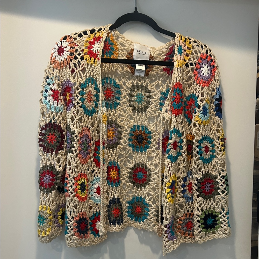 Le Lis Colorful Crochet Open-Front Cardigan